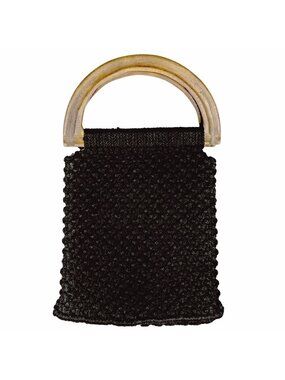 Vintage 1970s Black Macrame Purse with Wooden Handles & Floral Lining